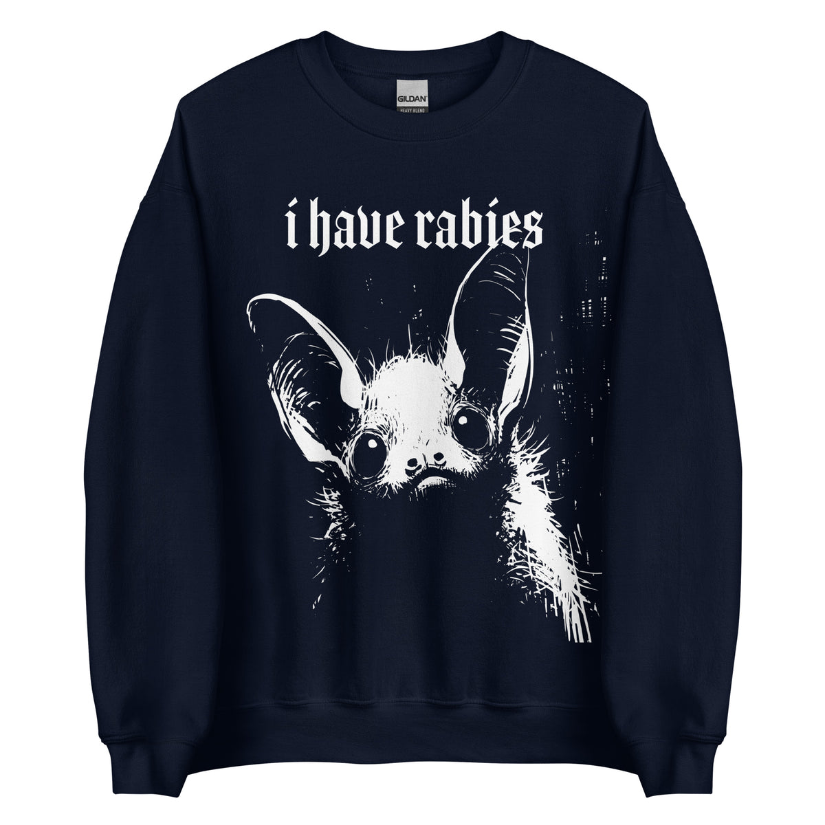KAMIOJI I Have Rabies sweatshirt featuring a distressed gothic bat graphic, front view | Colour: Navy