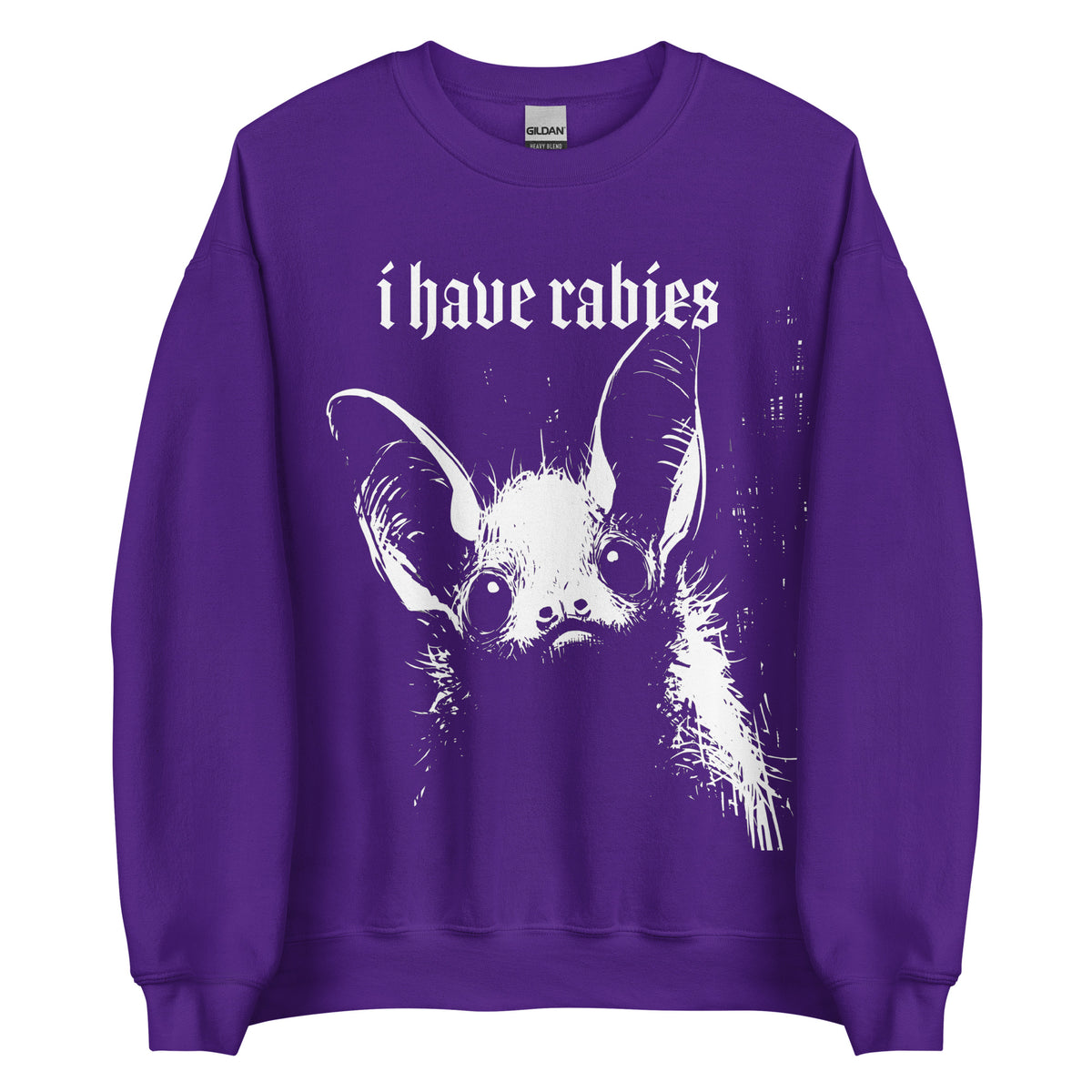 KAMIOJI I Have Rabies sweatshirt featuring a distressed gothic bat graphic, front view | Colour: Purple