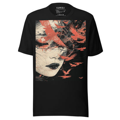 KAMIOJI Japanese graphic T-shirt featuring a woman’s face surrounded by red crows and abstract artwork, front view | Colour: Black