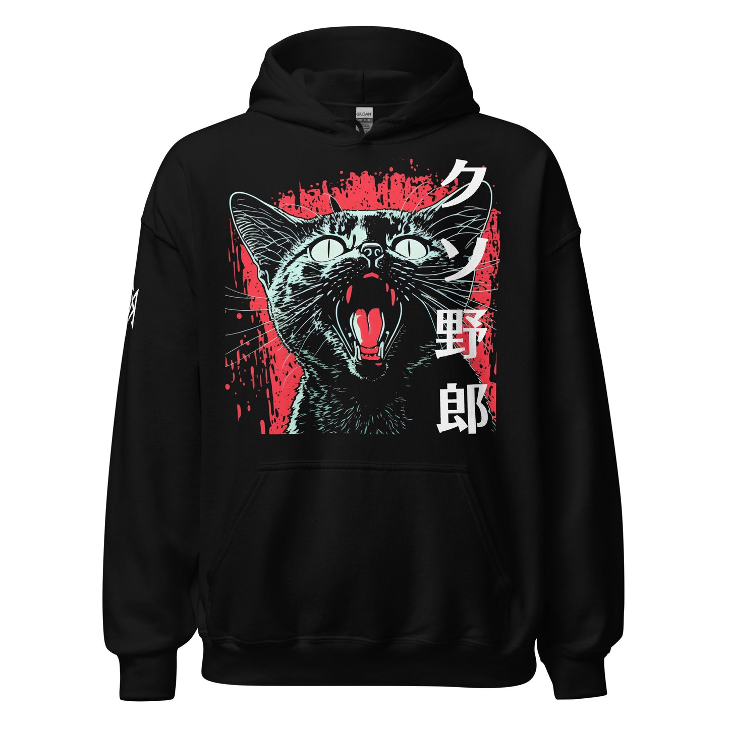 Kuso Yaro Japanese cat pullover hoodie featuring an angry snarling cat with bold Japanese-inspired graphic artwork.