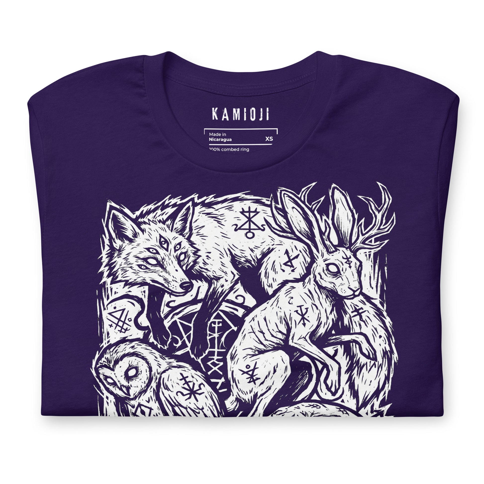 Woodland creature shirt with fox, owl, serpent, and jackalope design drawn in a bold blackwork illustration style.