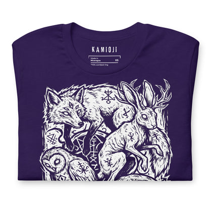 Woodland creature shirt with fox, owl, serpent, and jackalope design drawn in a bold blackwork illustration style.