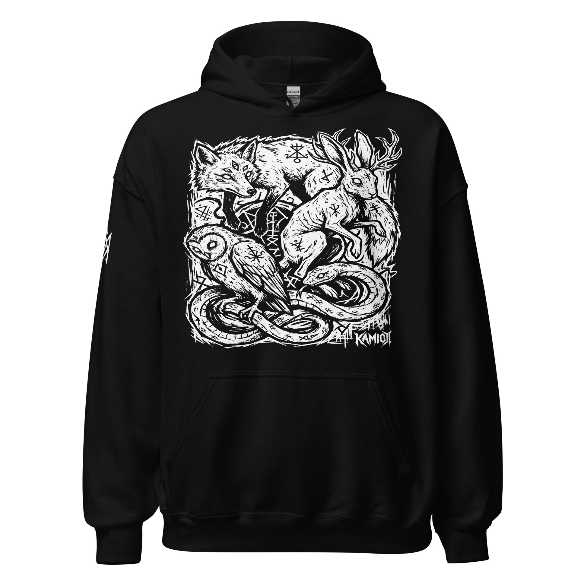 KAMIOJI occult animal graphic pullover hoodie featuring a fox, jackalope, owl, snake and arcane symbols, front view | Colour: Black