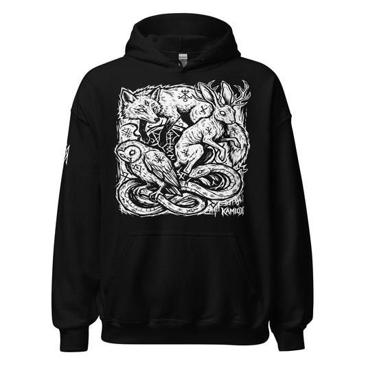 KAMIOJI occult animal graphic pullover hoodie featuring a fox, jackalope, owl, snake and arcane symbols, front view | Colour: Black