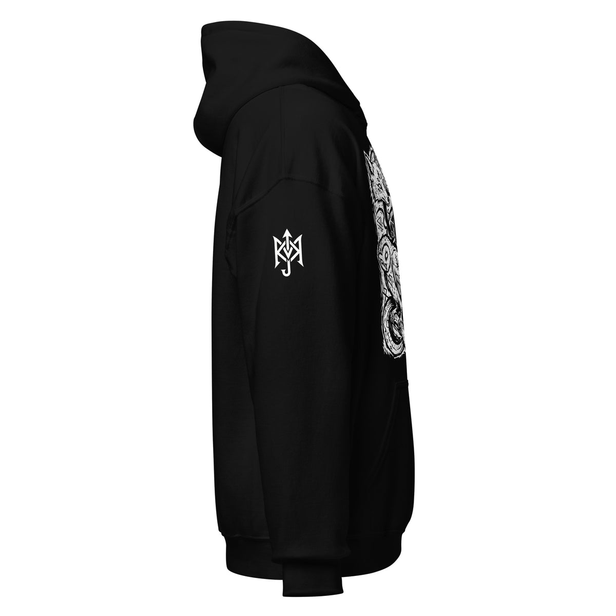 KAMIOJI occult animal graphic pullover hoodie with printed sleeve detail, side view | Colour: Black