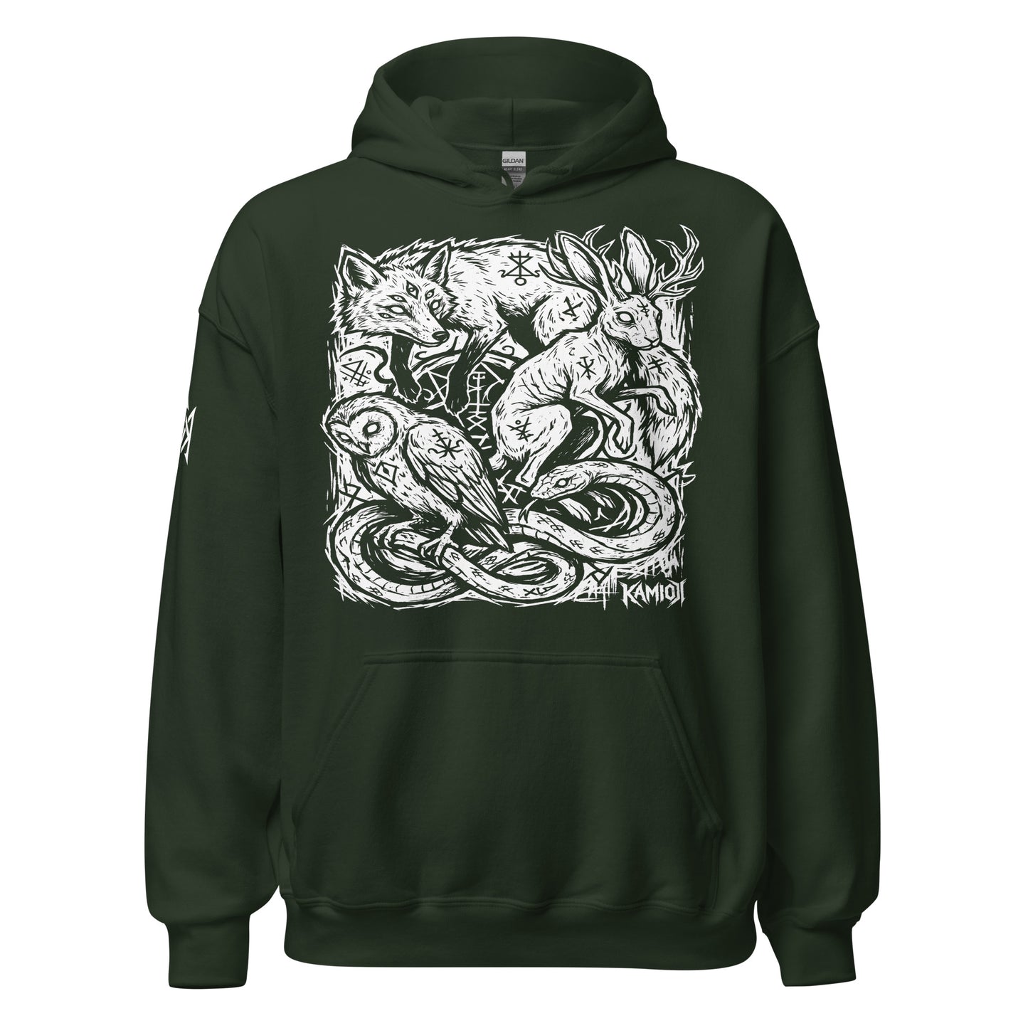 KAMIOJI occult animal graphic pullover hoodie featuring a fox, jackalope, owl, snake and arcane symbols, front view | Colour: Green
