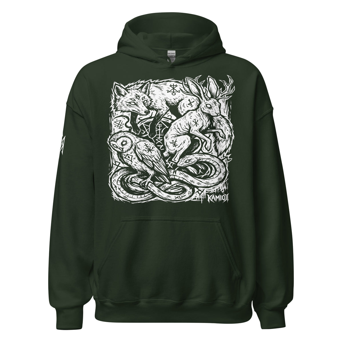 KAMIOJI occult animal graphic pullover hoodie featuring a fox, jackalope, owl, snake and arcane symbols, front view | Colour: Green