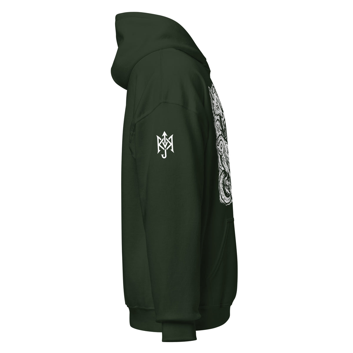 KAMIOJI occult animal graphic pullover hoodie with printed sleeve detail, side view | Colour: Green