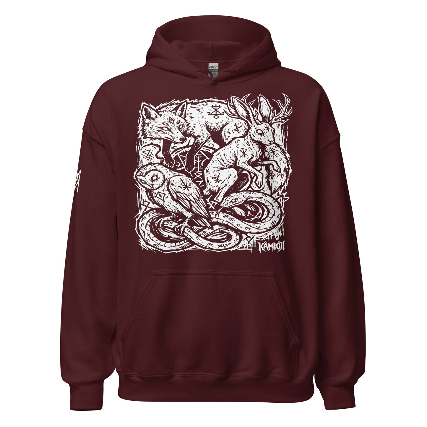 KAMIOJI occult animal graphic pullover hoodie featuring a fox, jackalope, owl, snake and arcane symbols, front view | Colour: Maroon