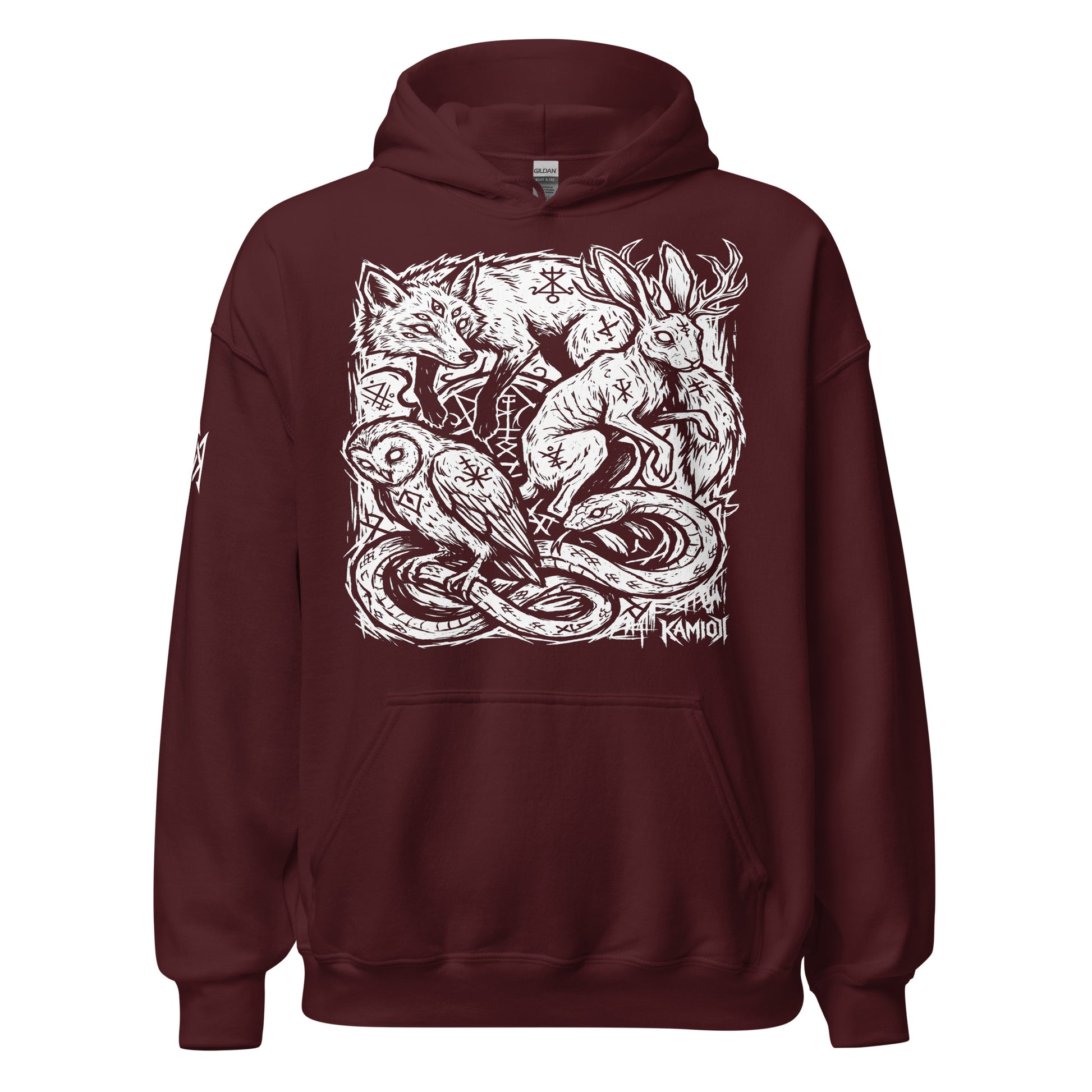 KAMIOJI occult animal graphic pullover hoodie featuring a fox, jackalope, owl, snake and arcane symbols, front view | Colour: Maroon