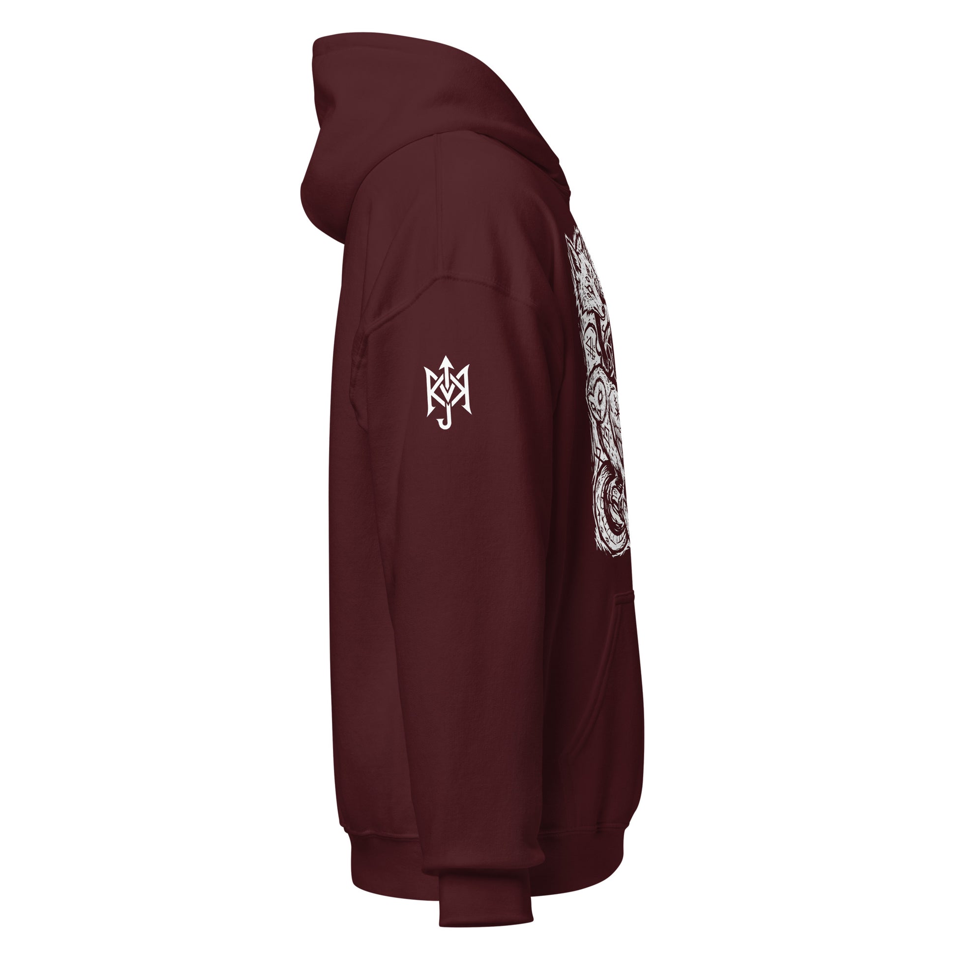KAMIOJI occult animal graphic pullover hoodie with printed sleeve detail, side view | Colour: Maroon