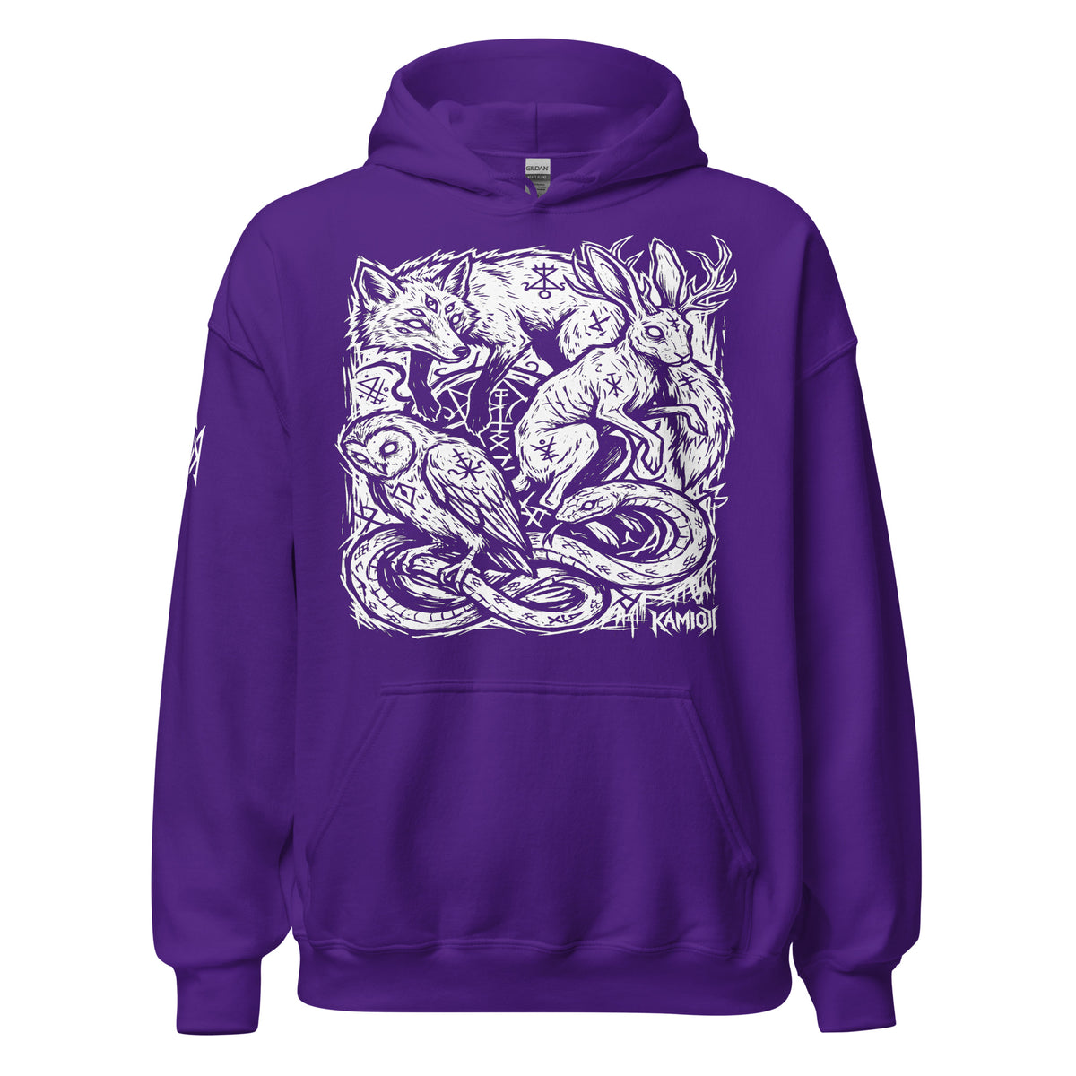 KAMIOJI occult animal graphic pullover hoodie featuring a fox, jackalope, owl, snake and arcane symbols, front view | Colour: Purple