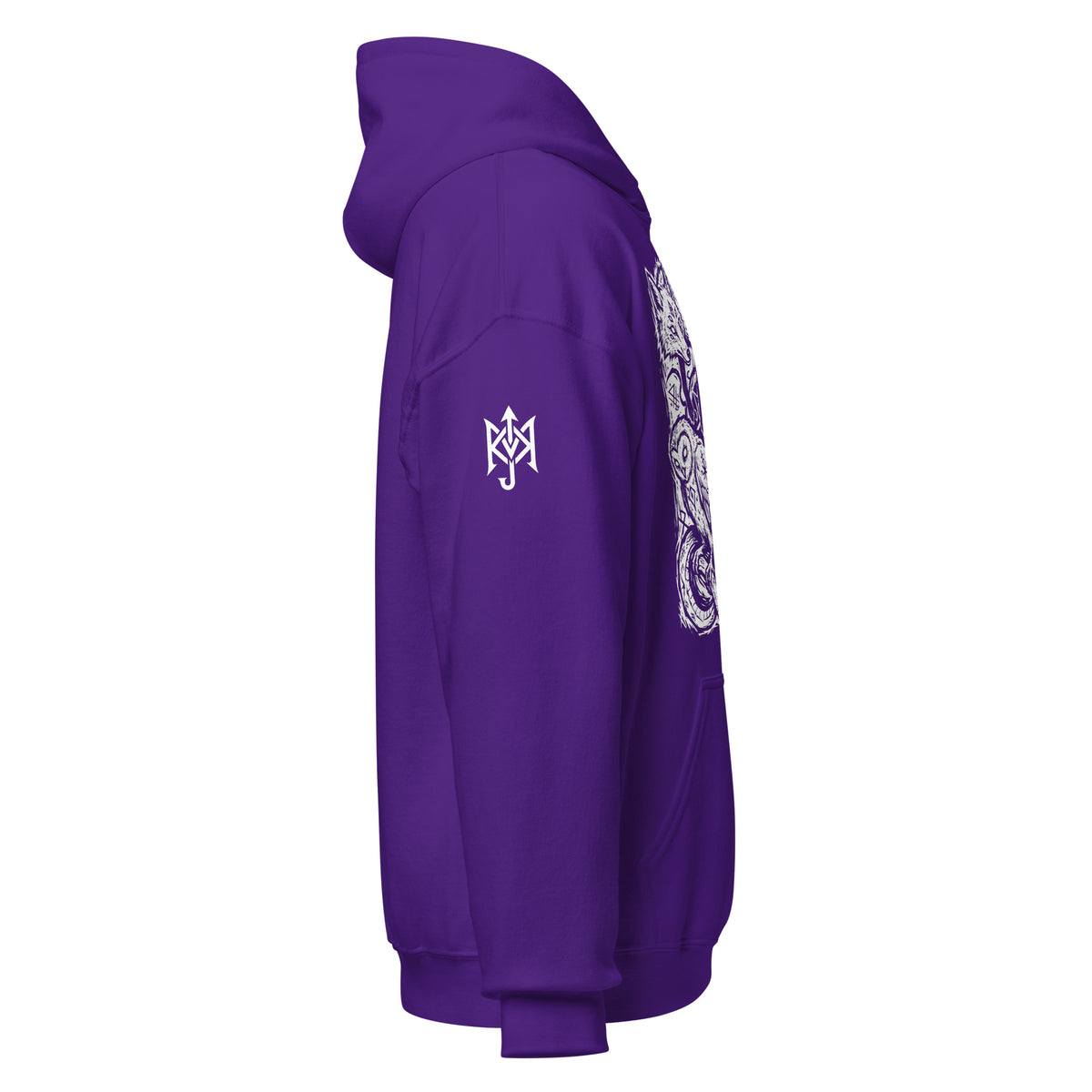KAMIOJI occult animal graphic pullover hoodie with printed sleeve detail, side view | Colour: Purple