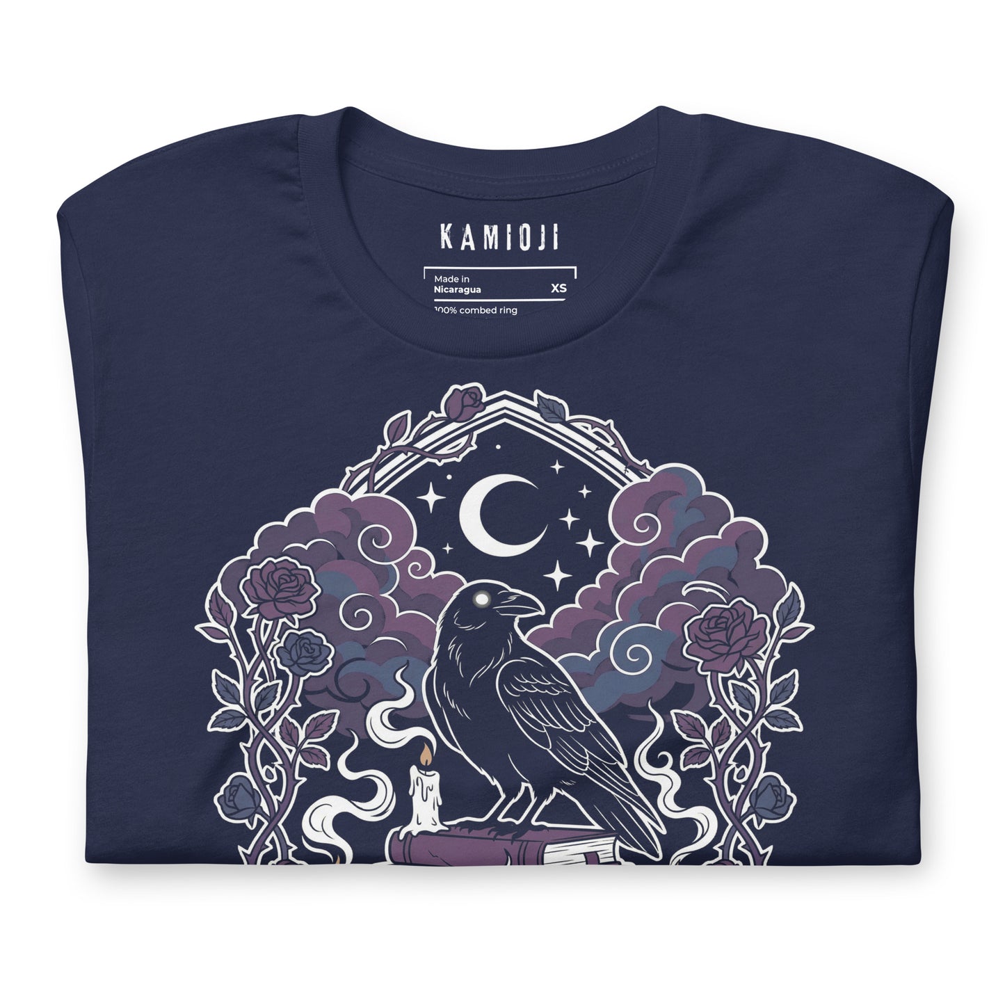 black t shirt with crow and spell books design inspired by witchcraft and tarot imagery