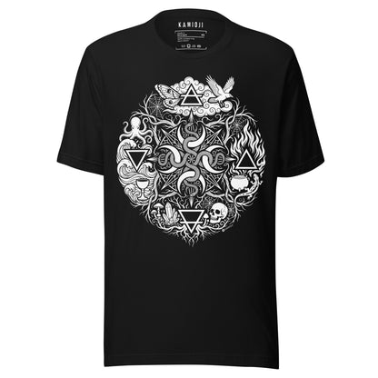 Occult elements T-shirt featuring snakes, skull, spider webs, crystals and elemental symbols | Colour: Black