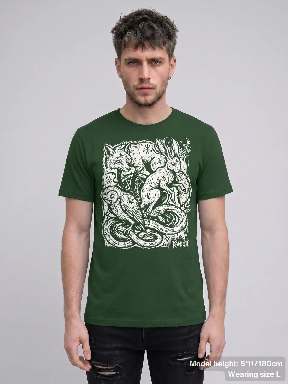 Person wearing a green t-shirt with a white graphic design on a gray background | Colour: Green