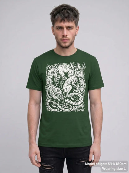 Person wearing a green t-shirt with a white graphic design on a gray background | Colour: Green