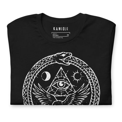 Close-up of the KAMIOJI raven, ouroboros serpent and all-seeing eye graphic T-shirt | Colour: Black
