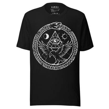 KAMIOJI occult raven T-shirt with an ouroboros serpent, all-seeing eye, moon and sun graphic, front view | Colour: Black