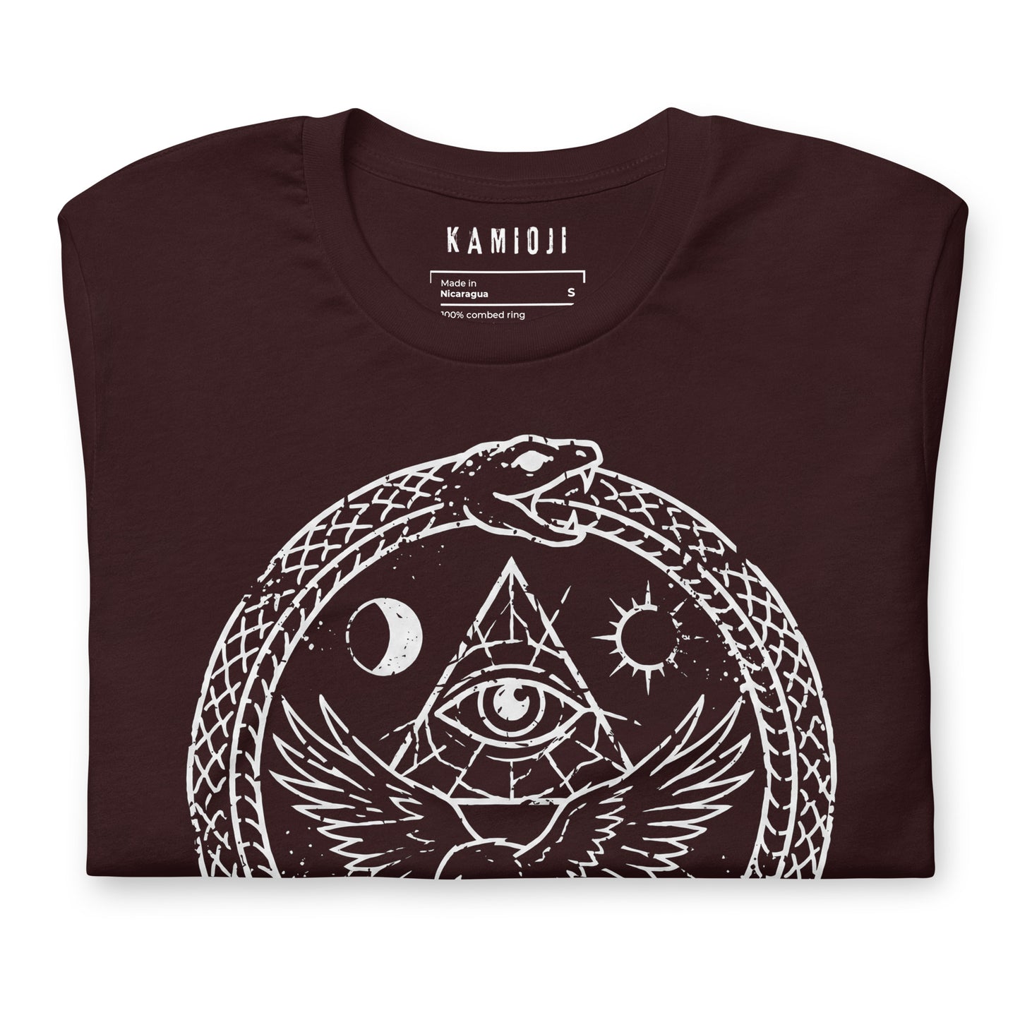 Close-up of the KAMIOJI raven, ouroboros serpent and all-seeing eye graphic T-shirt | Colour: Oxblood Black