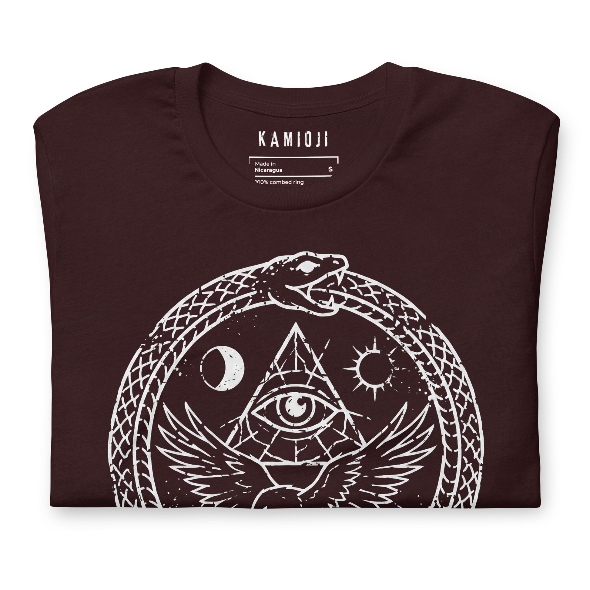 Close-up of the KAMIOJI raven, ouroboros serpent and all-seeing eye graphic T-shirt | Colour: Oxblood Black