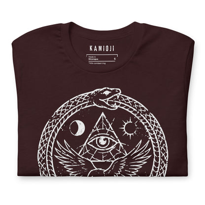 Close-up of the KAMIOJI raven, ouroboros serpent and all-seeing eye graphic T-shirt | Colour: Oxblood Black