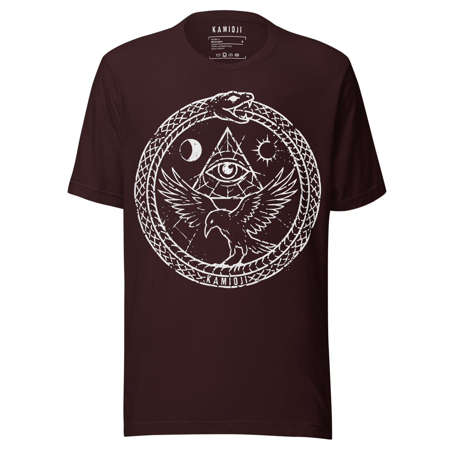 KAMIOJI occult raven T-shirt with an ouroboros serpent, all-seeing eye, moon and sun graphic, front view | Colour: Oxblood Black