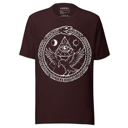 KAMIOJI occult raven T-shirt with an ouroboros serpent, all-seeing eye, moon and sun graphic, front view | Colour: Oxblood Black