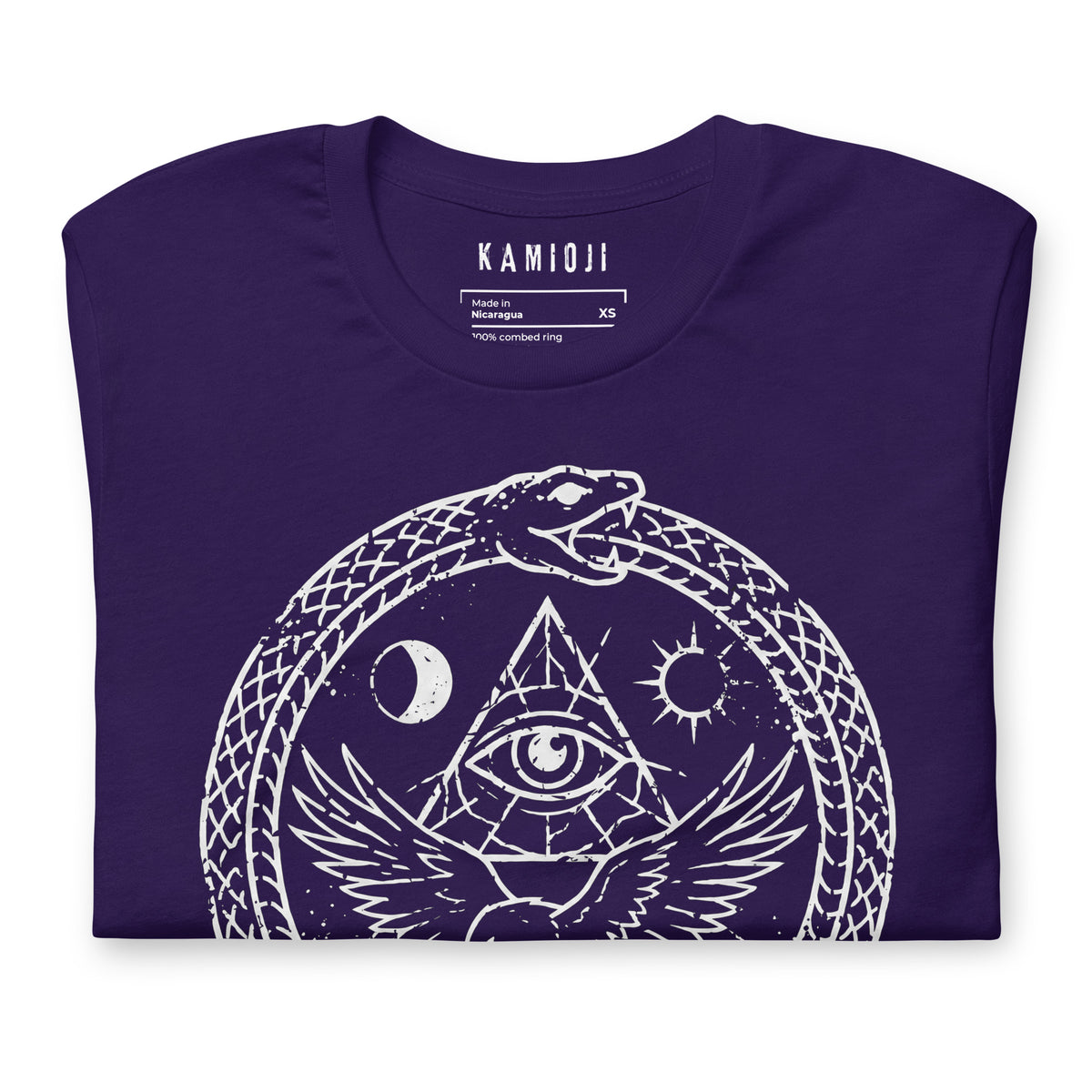 Close-up of the KAMIOJI raven, ouroboros serpent and all-seeing eye graphic T-shirt | Colour: Purple