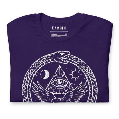 Close-up of the KAMIOJI raven, ouroboros serpent and all-seeing eye graphic T-shirt | Colour: Purple