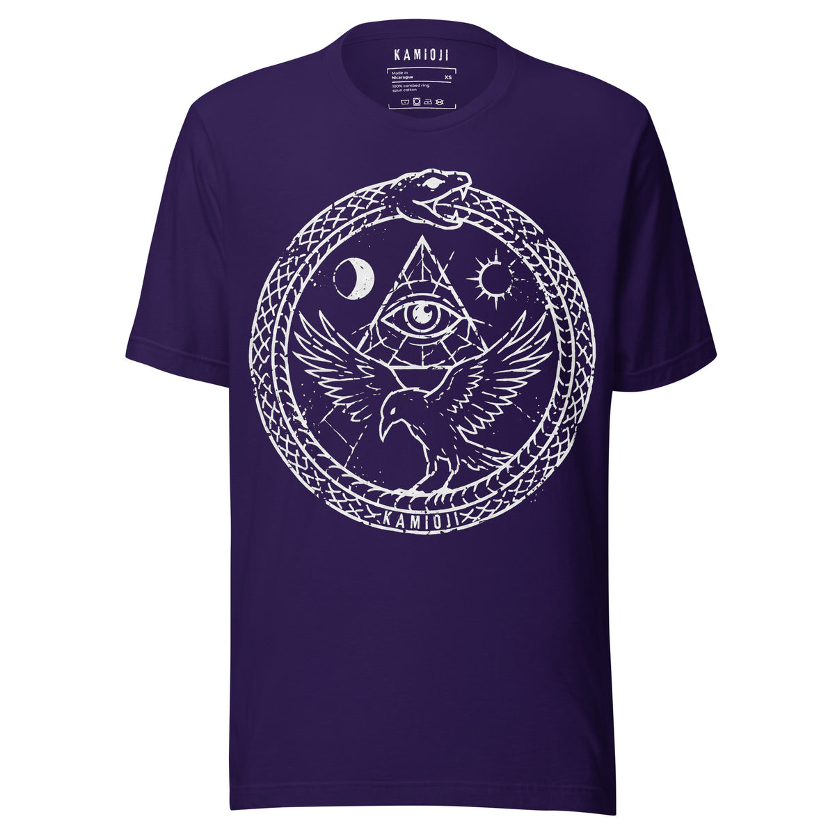 KAMIOJI occult raven T-shirt with an ouroboros serpent, all-seeing eye, moon and sun graphic, front view | Colour: Purple