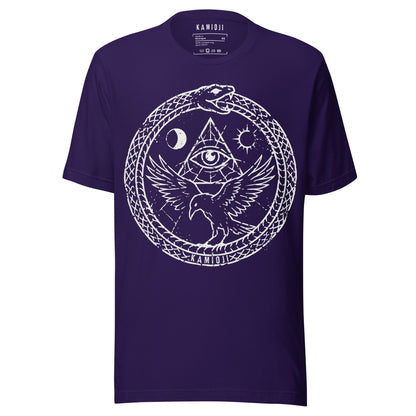 KAMIOJI occult raven T-shirt with an ouroboros serpent, all-seeing eye, moon and sun graphic, front view | Colour: Purple
