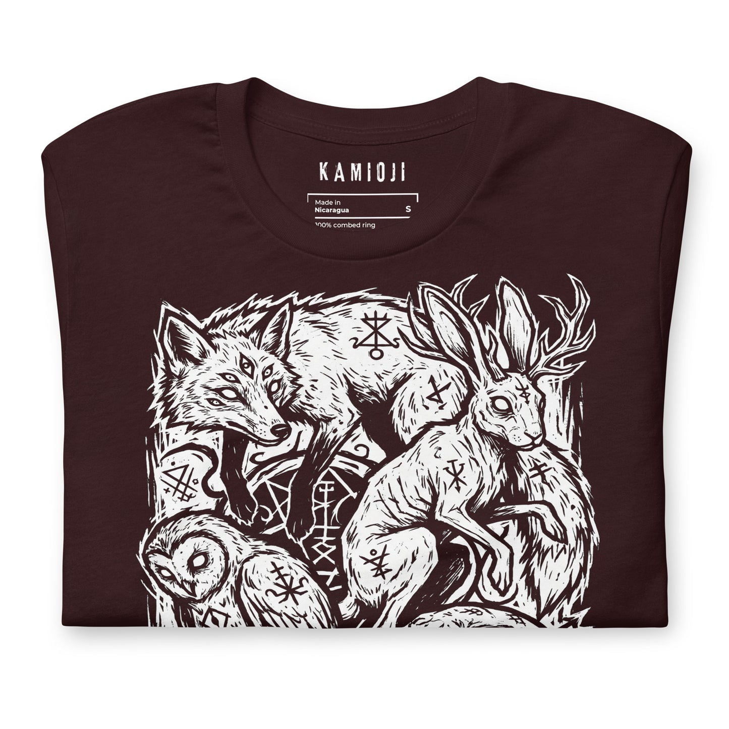 Folk horror inspired t shirt with mythical woodland creatures arranged in a detailed occult illustration design.
