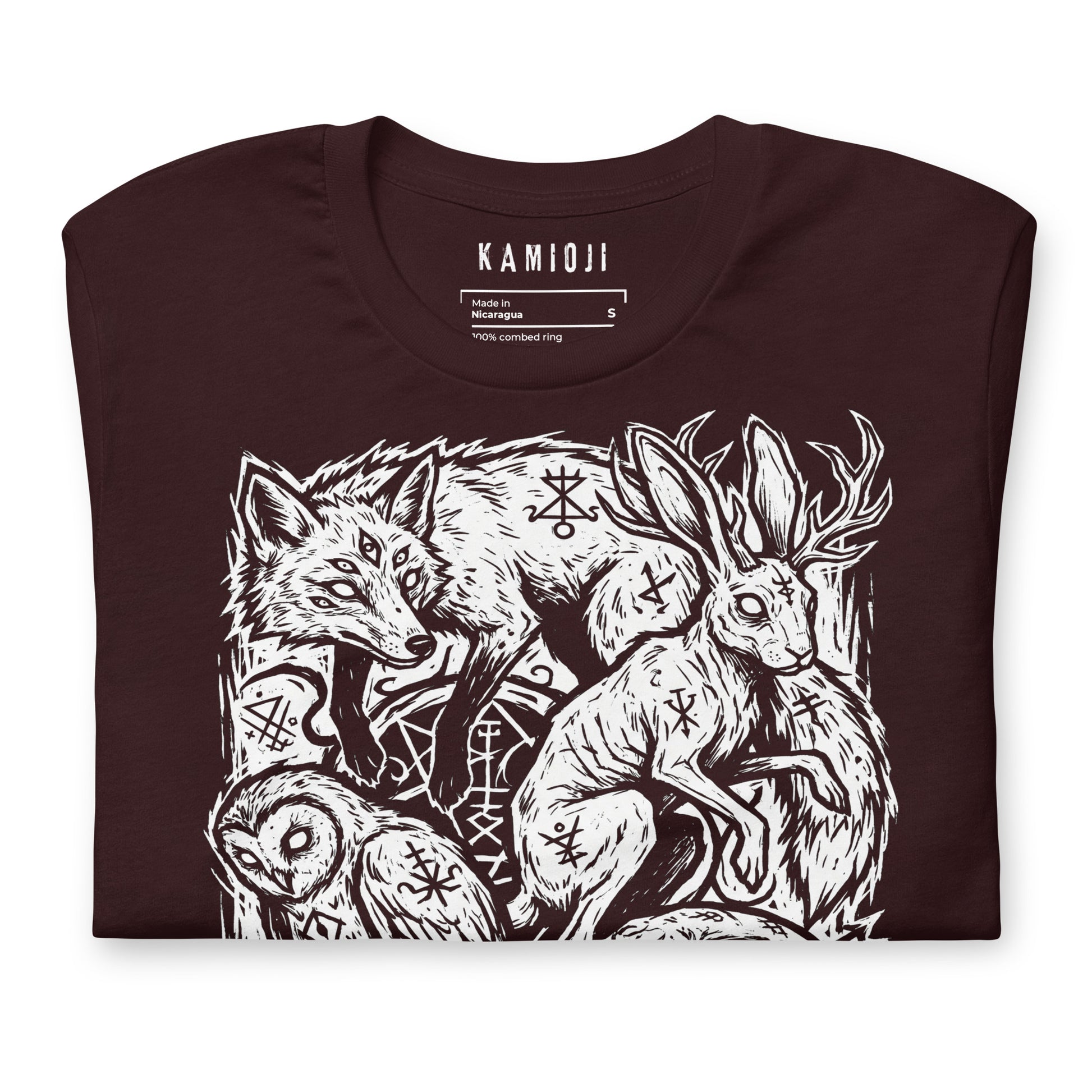 Folk horror inspired t shirt with mythical woodland creatures arranged in a detailed occult illustration design.