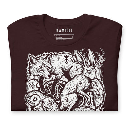 Folk horror inspired t shirt with mythical woodland creatures arranged in a detailed occult illustration design.