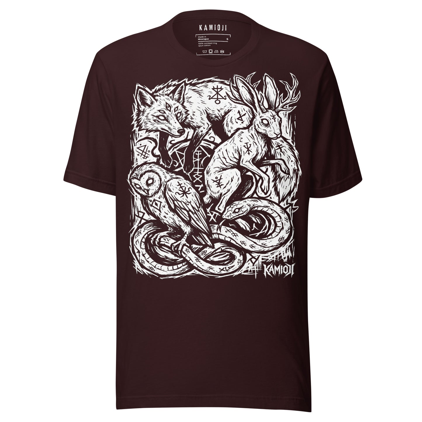 Alternative graphic shirt featuring fox, owl, snake, and jackalope artwork with intricate linework and symbolic rune details.