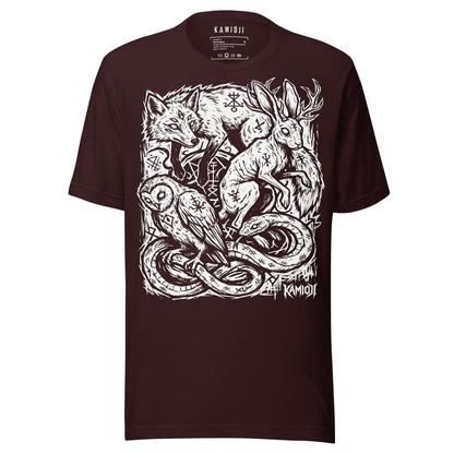 Alternative graphic shirt featuring fox, owl, snake, and jackalope artwork with intricate linework and symbolic rune details.
