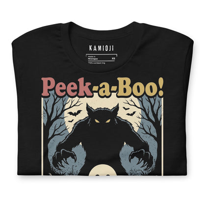 Close-up of the KAMIOJI Peek-a-Boo werewolf, ghost and pumpkin Halloween T-shirt graphic | Colour: Black