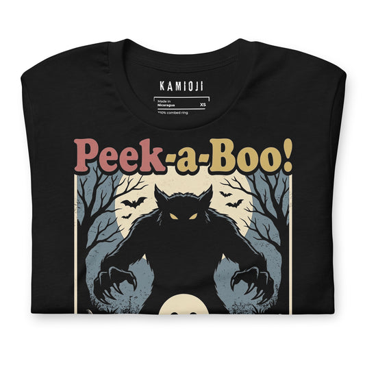 Close-up of the KAMIOJI Peek-a-Boo werewolf, ghost and pumpkin Halloween T-shirt graphic | Colour: Black