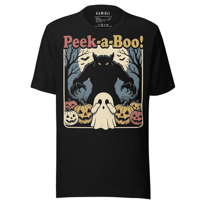 KAMIOJI Peek-a-Boo Halloween T-shirt featuring a werewolf behind a ghost with pumpkins and gravestones, front view | Colour: Black