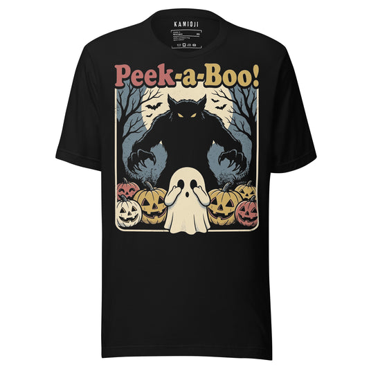 KAMIOJI Peek-a-Boo Halloween T-shirt featuring a werewolf behind a ghost with pumpkins and gravestones, front view | Colour: Black