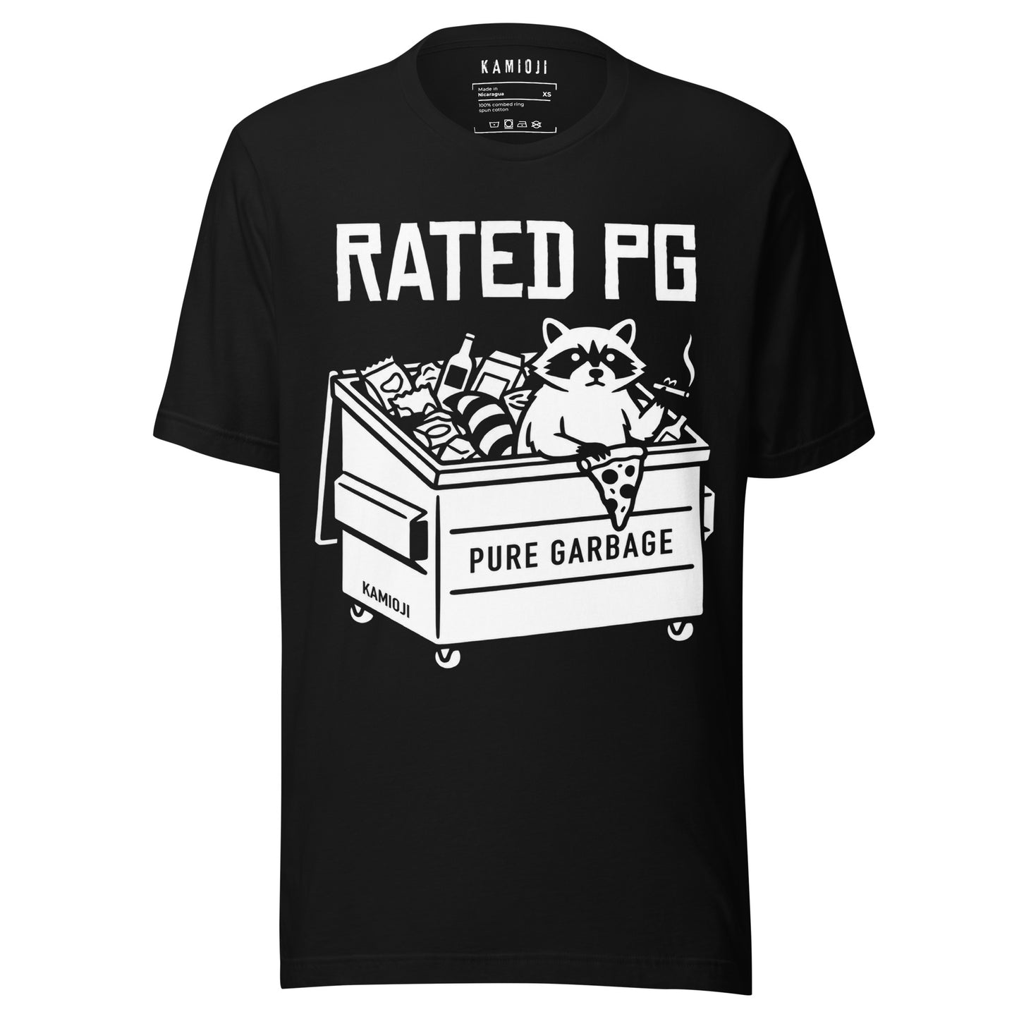 Rated PG Pure Garbage shirt featuring a raccoon sitting inside a dumpster filled with snacks and trash