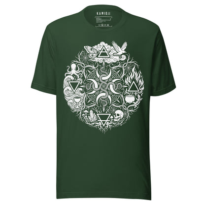 Green occult graphic T-shirt with entwined snakes, skull, moth and alchemy-inspired artwork | Colour: Green