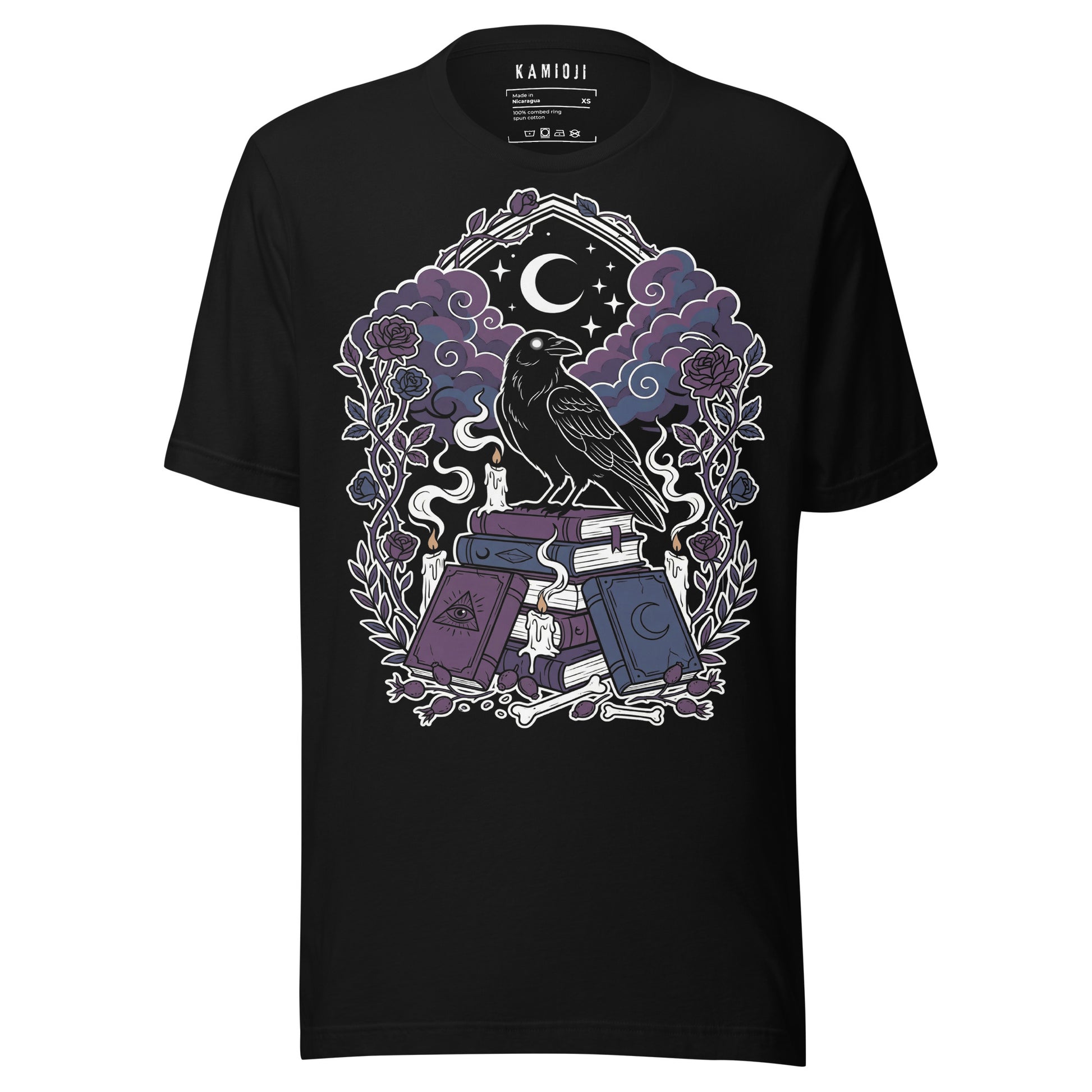 raven occult shirt with crow on spell books surrounded by candles bones and crescent moon