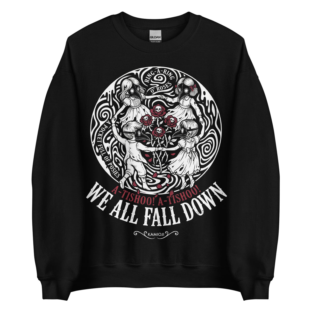 KAMIOJI Ring a Ring o’ Roses sweatshirt featuring plague doctor children, skull roses and We All Fall Down lettering, front view | Colour: Black
