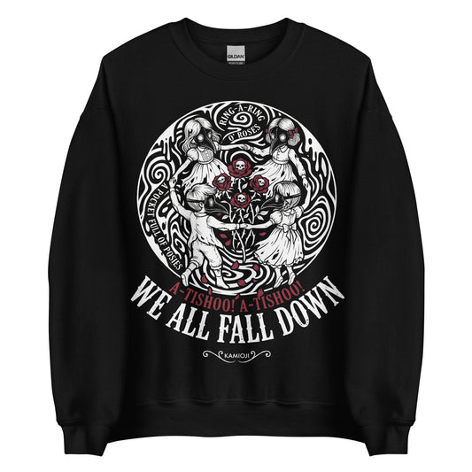KAMIOJI Ring a Ring o’ Roses sweatshirt featuring plague doctor children, skull roses and We All Fall Down lettering, front view | Colour: Black
