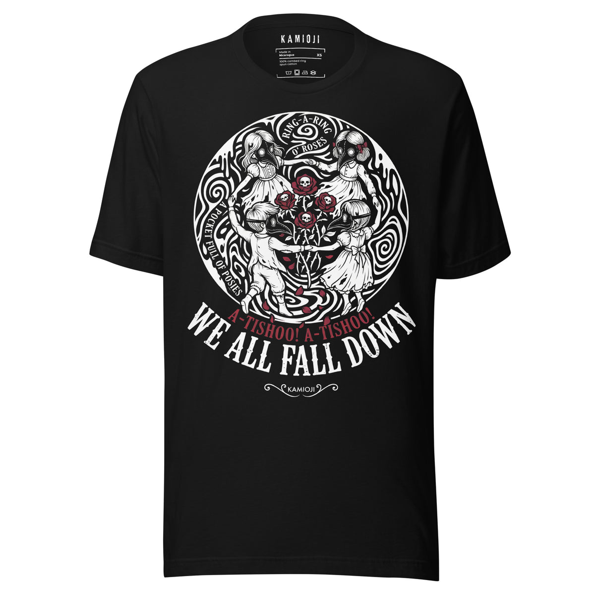 KAMIOJI Ring a Ring o’ Roses black T-shirt with plague doctor children, skull roses and We All Fall Down graphic, front view | Colour: Black