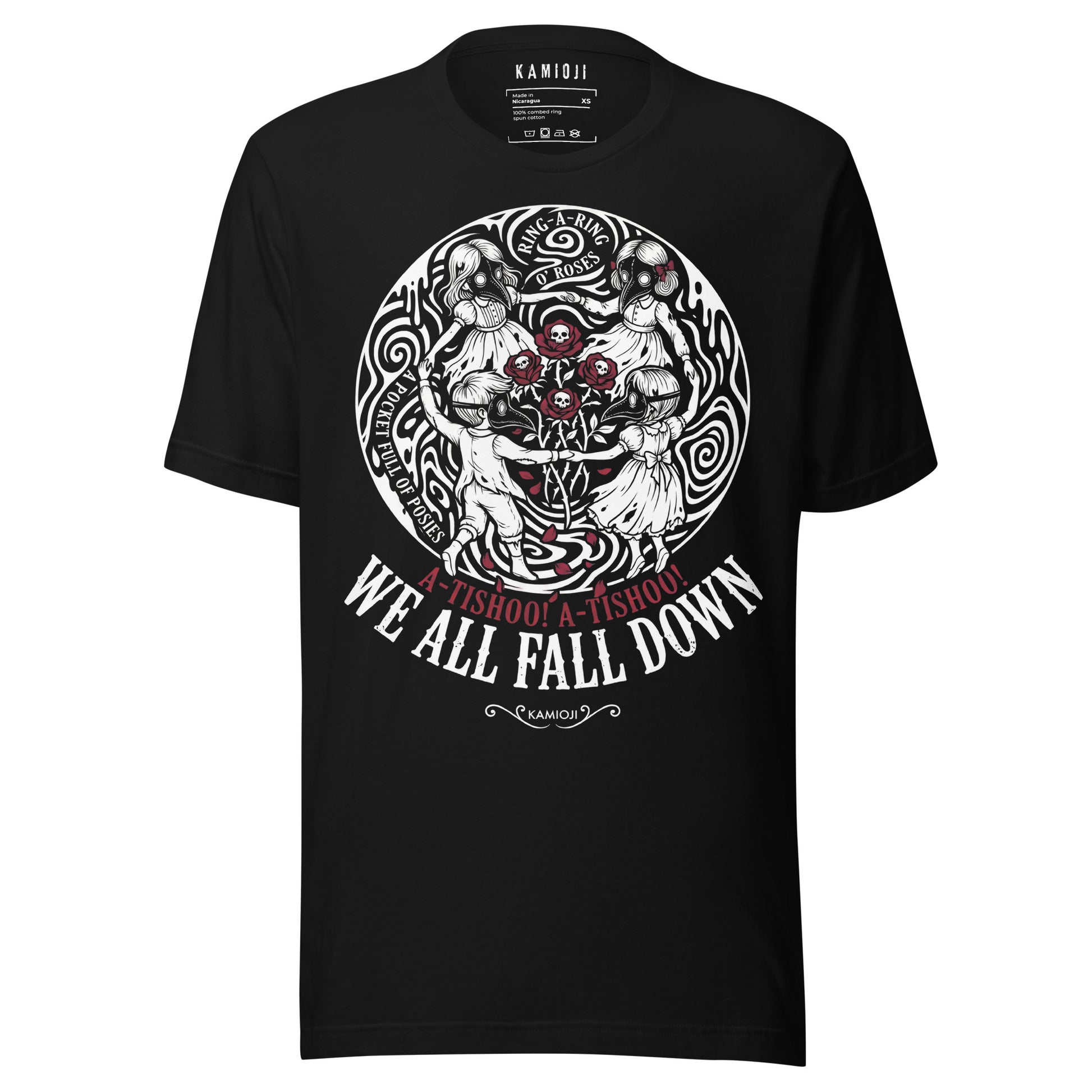 KAMIOJI Ring a Ring o’ Roses black T-shirt with plague doctor children, skull roses and We All Fall Down graphic, front view | Colour: Black