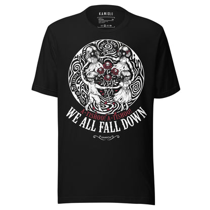 KAMIOJI Ring a Ring o’ Roses black T-shirt with plague doctor children, skull roses and We All Fall Down graphic, front view | Colour: Black