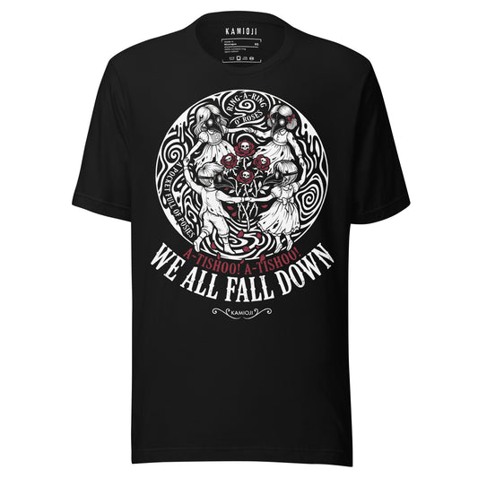 KAMIOJI Ring a Ring o’ Roses black T-shirt with plague doctor children, skull roses and We All Fall Down graphic, front view | Colour: Black